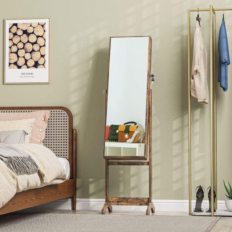 Lockable Mirror Jewelry Cabinet, Full-Length Mirror and Jewellery Storage with 3 Adjustable Angles, Rustic Brown