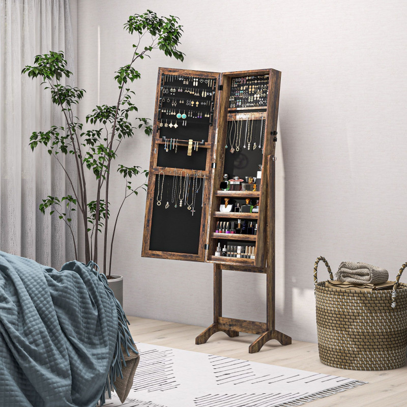 Lockable Mirror Jewelry Cabinet, Full-Length Mirror and Jewellery Storage with 3 Adjustable Angles, Rustic Brown
