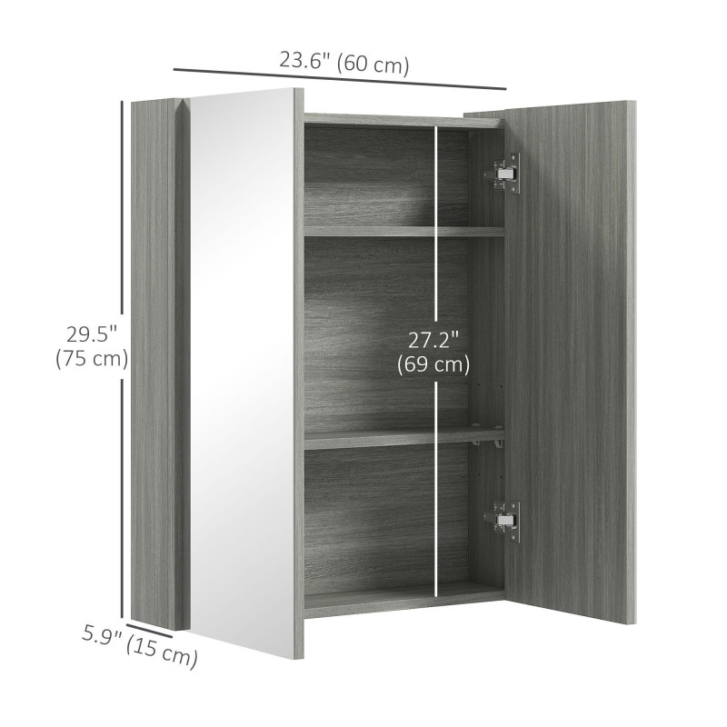 Wall Mount Mirrored Medicine Cabinet, Bathroom Mirror Cabinet with Adjustable Shelf, Double Soft Closing Doors, Grey