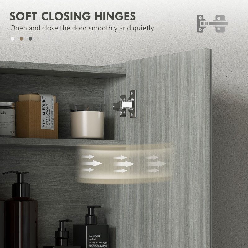 Wall Mount Mirrored Medicine Cabinet, Bathroom Mirror Cabinet with Adjustable Shelf, Double Soft Closing Doors, Grey