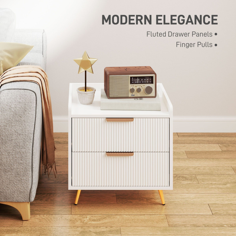 Bedside Table, Nightstand with 2 Drawers, Side End Table with Metal Legs for Bedroom, White