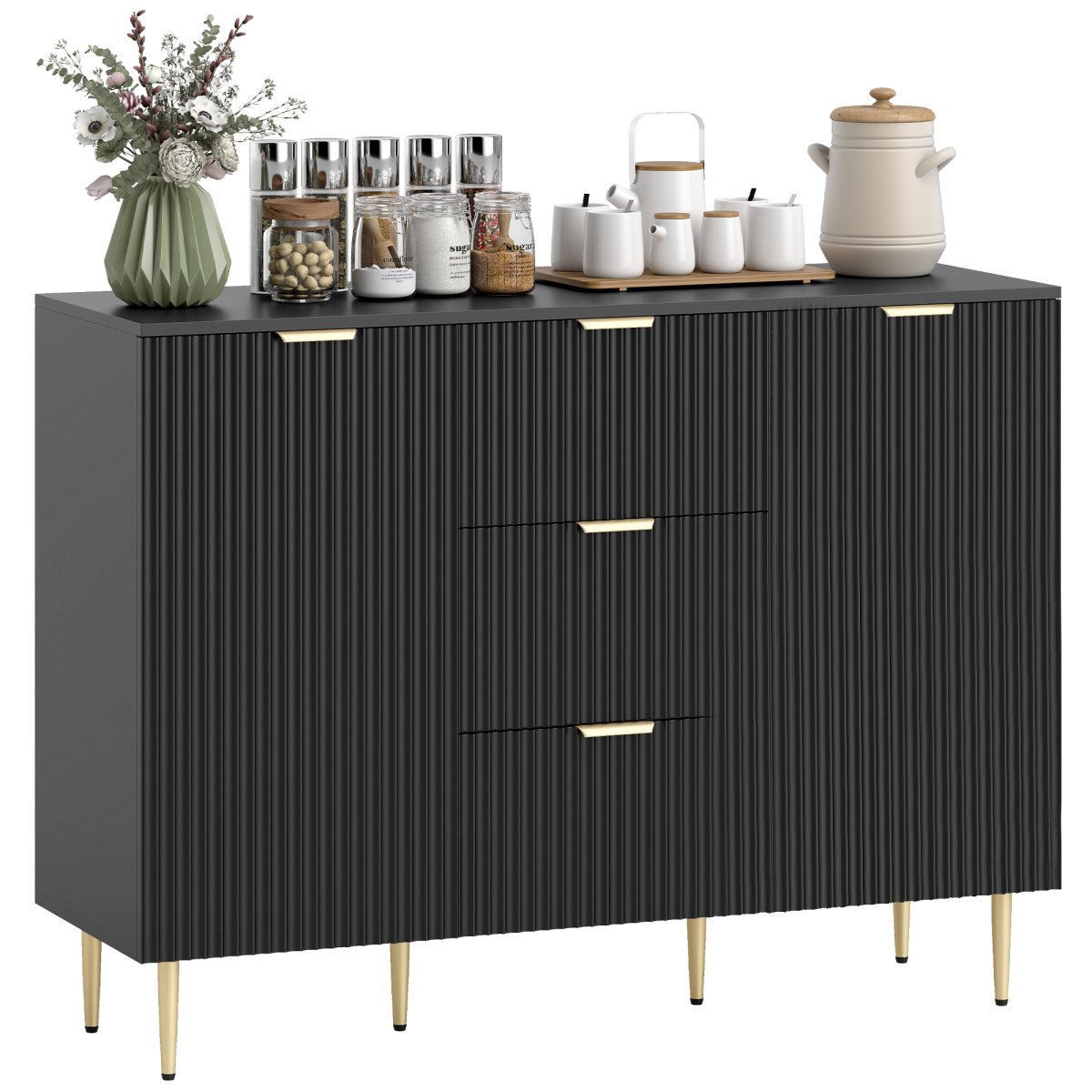 Modern Kitchen Storage Cabinet, Sideboard Buffet Cabinet w/ 3 Drawers and Adjustable Shelves for Kitchen Hallway, Black