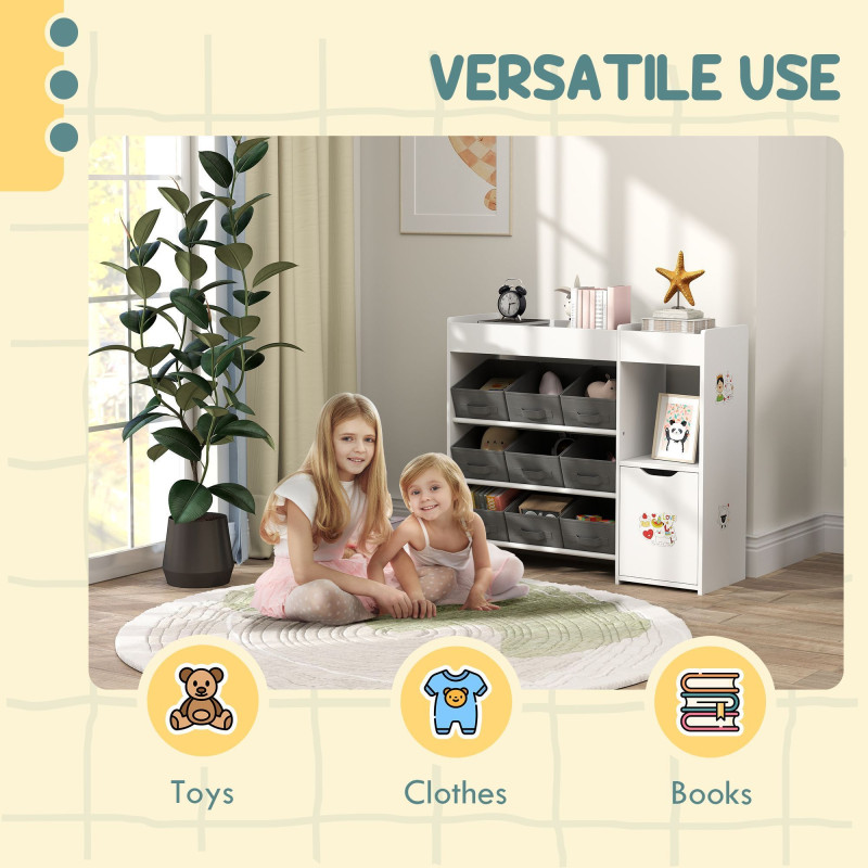 Qaba Toy Storage Organizer with 9 Non-Woven Fabric Boxes, Storage Cabinet & Shelves, for Kids Room, Nursery, Playroom, White