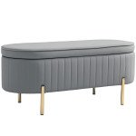 Upholstered Bedroom Bench, Channel Tufted Ottoman Bench with Thick Padding and Metal Legs, Grey