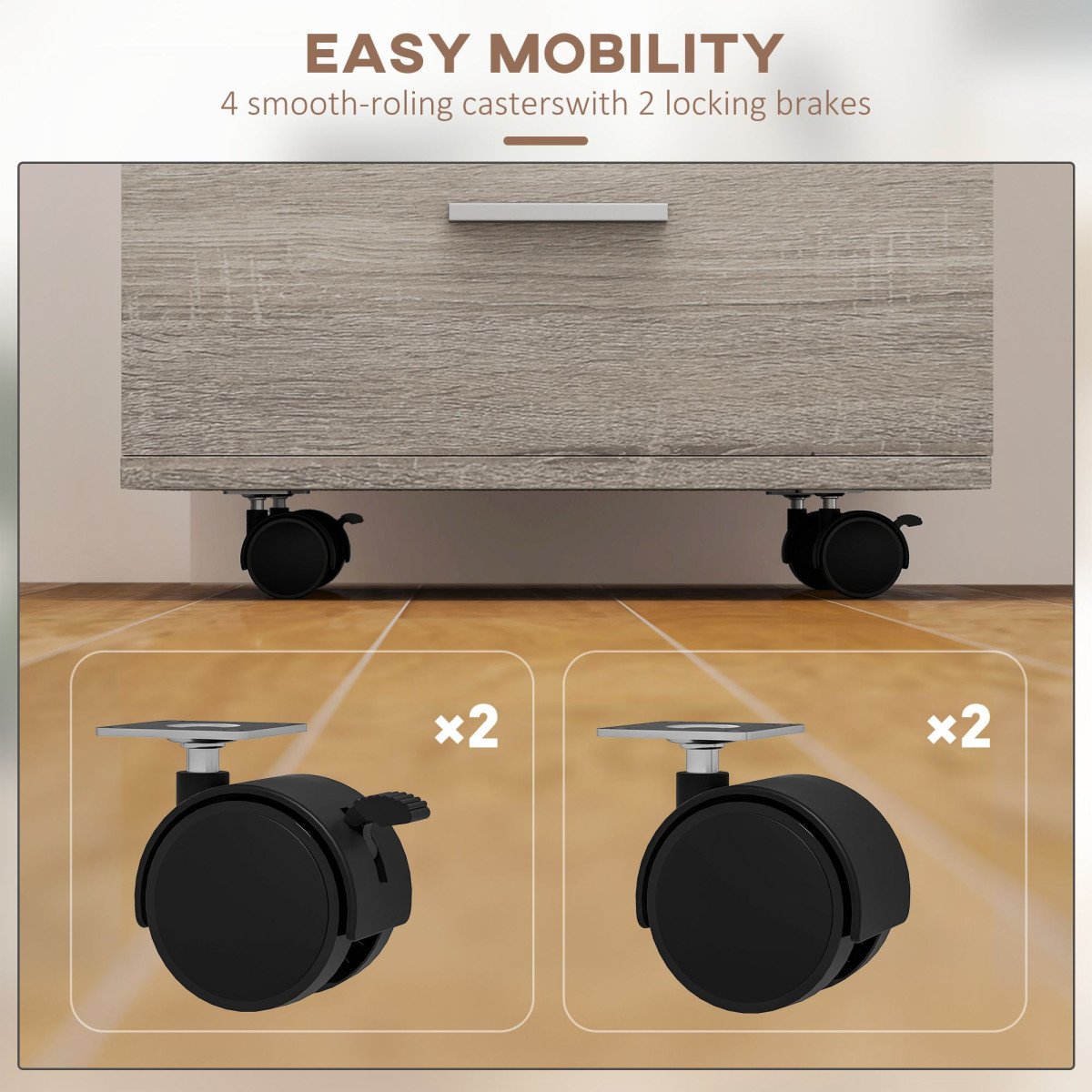 Mobile Filing Cabinet with Wheels, 3 Drawer File Cabinet with Lock and Keys for Home Office, Grey Wood Grain