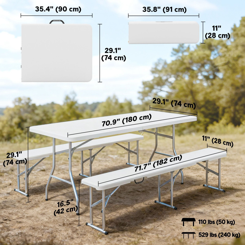6FT 3-Piece Portable Outdoor Camping Table Bench Set with Carrying Handles, Folding Picnic Table with 2 Benches, White