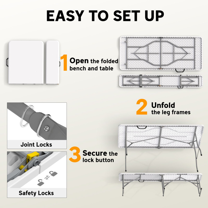6FT 3-Piece Portable Outdoor Camping Table Bench Set with Carrying Handles, Folding Picnic Table with 2 Benches, White