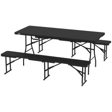 6FT 3PCS Faux Rattan Outdoor Camping Table Bench Set with Carrying Handles, Folding Picnic Table with 2 Benches, Black