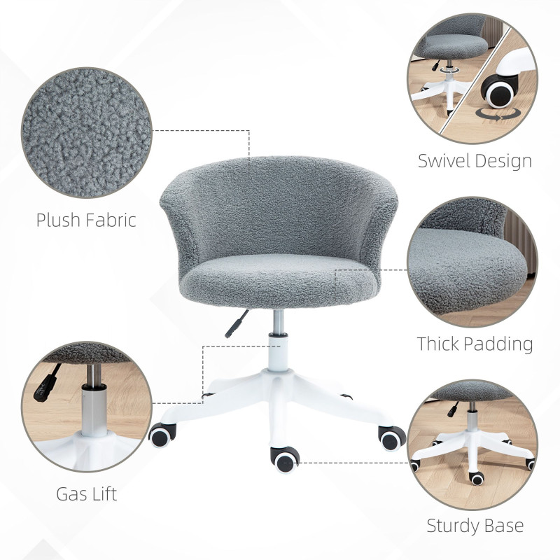 Armless Office Chair, Fluffy Computer Desk Chair with Adjustable Height, Swivel Wheels, Mid Back, Grey
