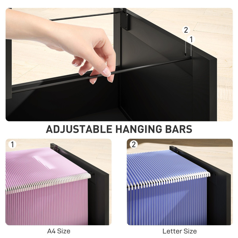 2 Drawer Filing Cabinet with Lock, Office Storage Cabinet with Adjustable Hanging Bars for A4 Letter Size Files, Black