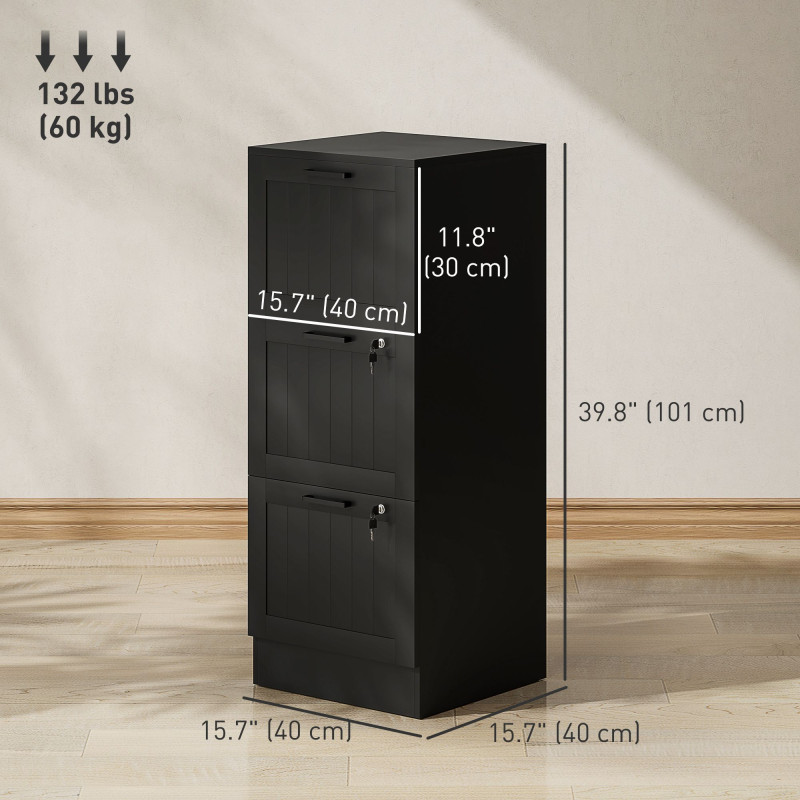3 Drawer Filing Cabinet with Lock, Office Storage Cabinet with Adjustable Hanging Bars for A4 Letter Size Files, Black