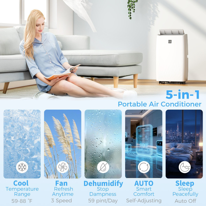 14000 BTU Portable Air Conditioner, AC Unit with Cool, Dehumidifier, Fan, 700 Sq. ft, 24H Timer On Off, Window Kit