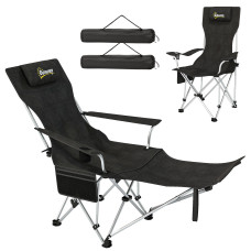 Set of 2 Reclining Camping Chair with Foot Rest, Folding Camping Chair w/ Headrest, Cup Holder, Storage Bag, Black