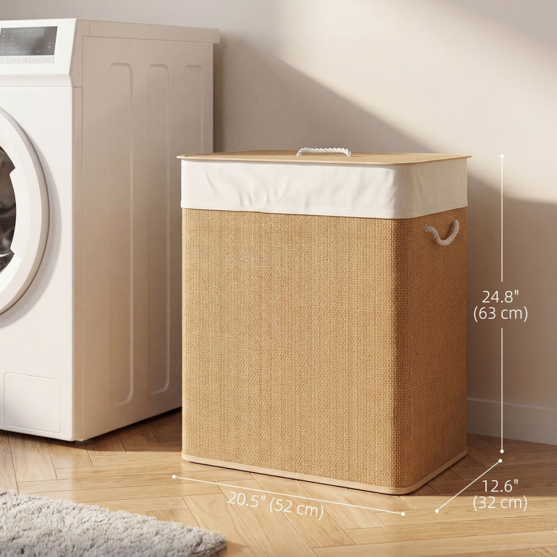 Double Laundry Basket with Lid, 100L Bamboo Laundry Hamper with Rope Handles and Removable Bags, Brown