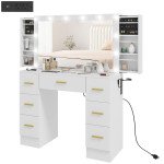 Makeup Vanity Table with Lights, Dressing Table with 7 Drawers, 6 Hidden Sliding Storage Compartments, White