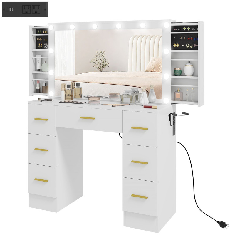 Makeup Vanity Table with Lights, Dressing Table with 7 Drawers, 6 Hidden Sliding Storage Compartments, White