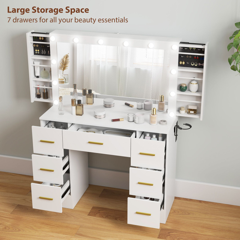 Makeup Vanity Table with Lights, Dressing Table with 7 Drawers, 6 Hidden Sliding Storage Compartments, White