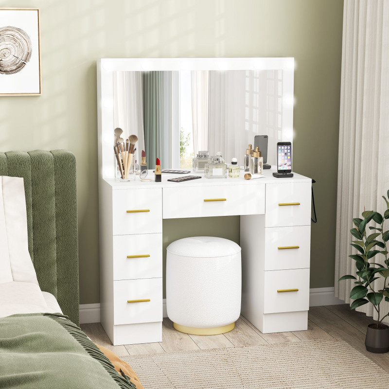 Makeup Vanity Table with Lights, Dressing Table with 7 Drawers, 6 Hidden Sliding Storage Compartments, White