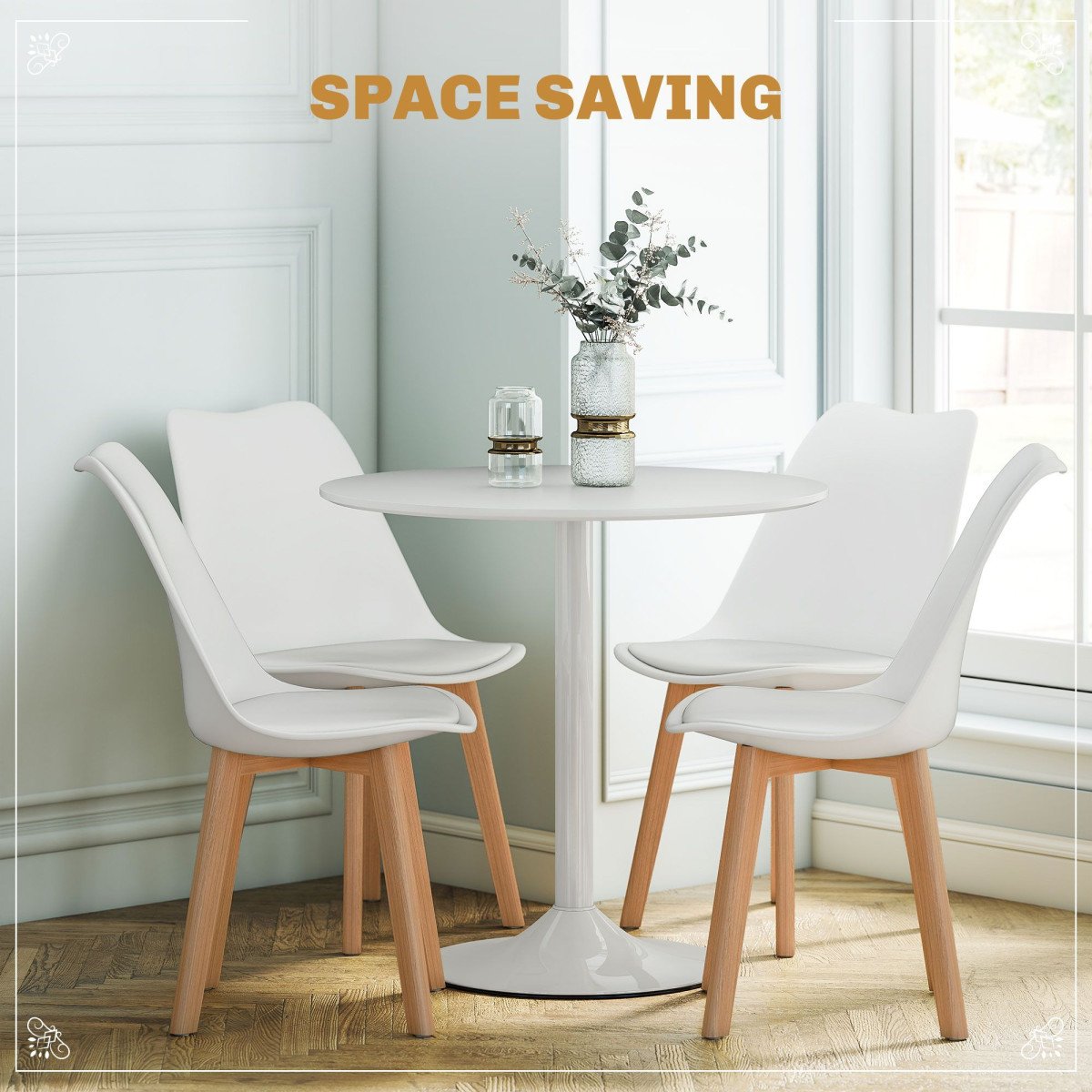 Round Dining Table Set for 4 with Pedestal Base, PU Padded Seats, for Small Space, Apartment, White