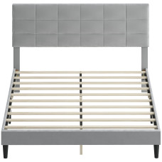 Queen Size Bed Frame with Upholstered Headboard, Modern Platform Bed Frame with Wood Slats, 1100 lbs Capacity, Grey