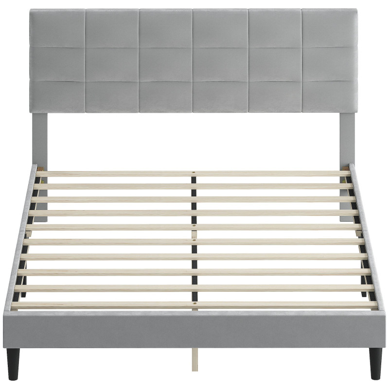 Queen Size Bed Frame with Upholstered Headboard, Modern Platform Bed Frame with Wood Slats, 1100 lbs Capacity, Grey