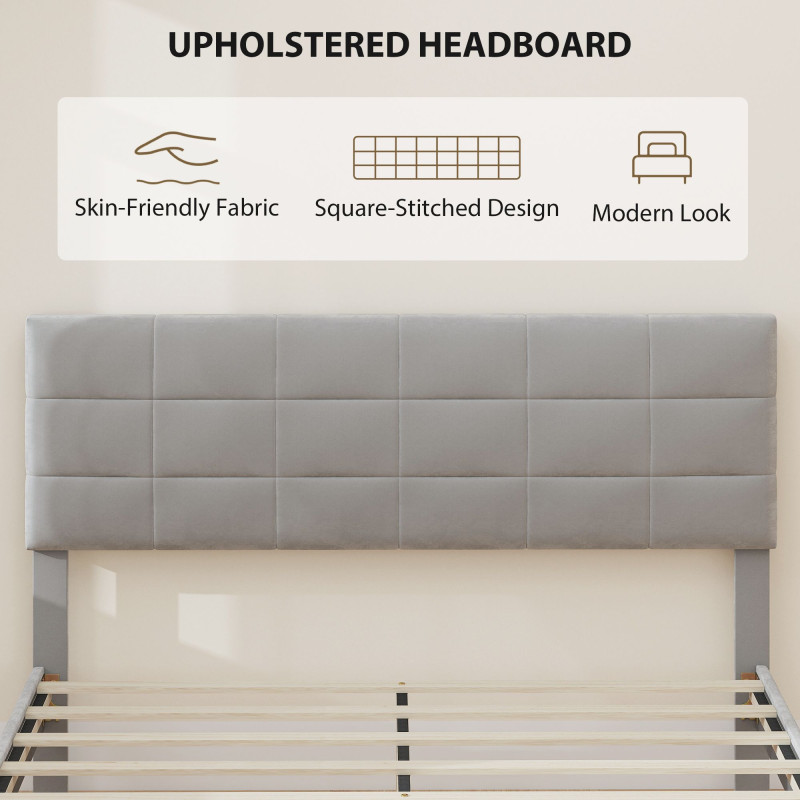 Queen Size Bed Frame with Upholstered Headboard, Modern Platform Bed Frame with Wood Slats, 1100 lbs Capacity, Grey