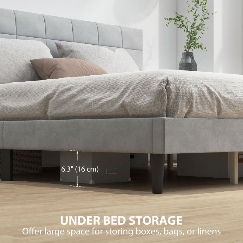 Queen Size Bed Frame with Upholstered Headboard, Modern Platform Bed Frame with Wood Slats, 1100 lbs Capacity, Grey
