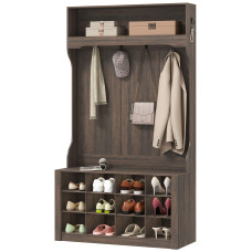 4-In-1 Hall Tree with Bench and Shoe Storage, Farmhouse Coat Rack Shoe Bench with 12 Shoe Cubbies, 6 Hooks, Dark Brown