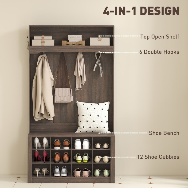 4-In-1 Hall Tree with Bench and Shoe Storage, Farmhouse Coat Rack Shoe Bench with 12 Shoe Cubbies, 6 Hooks, Dark Brown