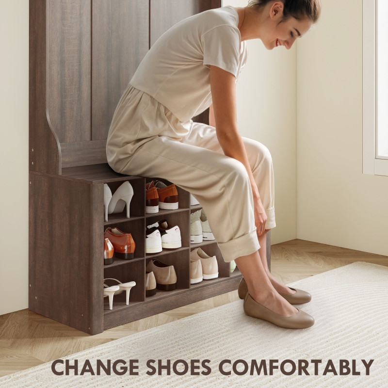 4-In-1 Hall Tree with Bench and Shoe Storage, Farmhouse Coat Rack Shoe Bench with 12 Shoe Cubbies, 6 Hooks, Dark Brown