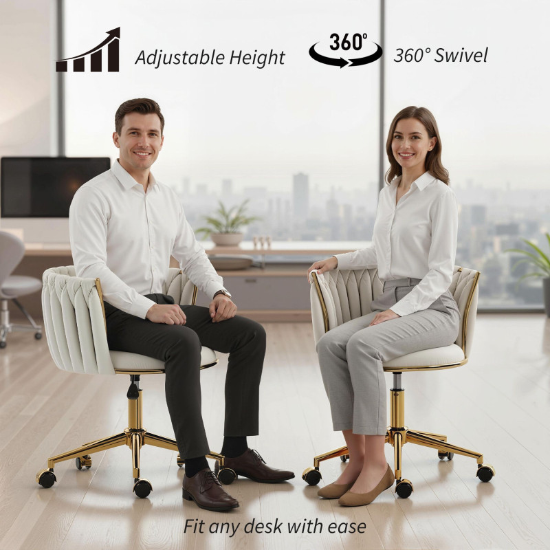 Office Chair, Vanity Chair with Woven Back, Adjustable Height, Rolling Wheels, Cream White
