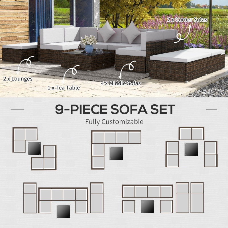 9 Pieces Wicker Patio Furniture Set with Cushion, Light Grey