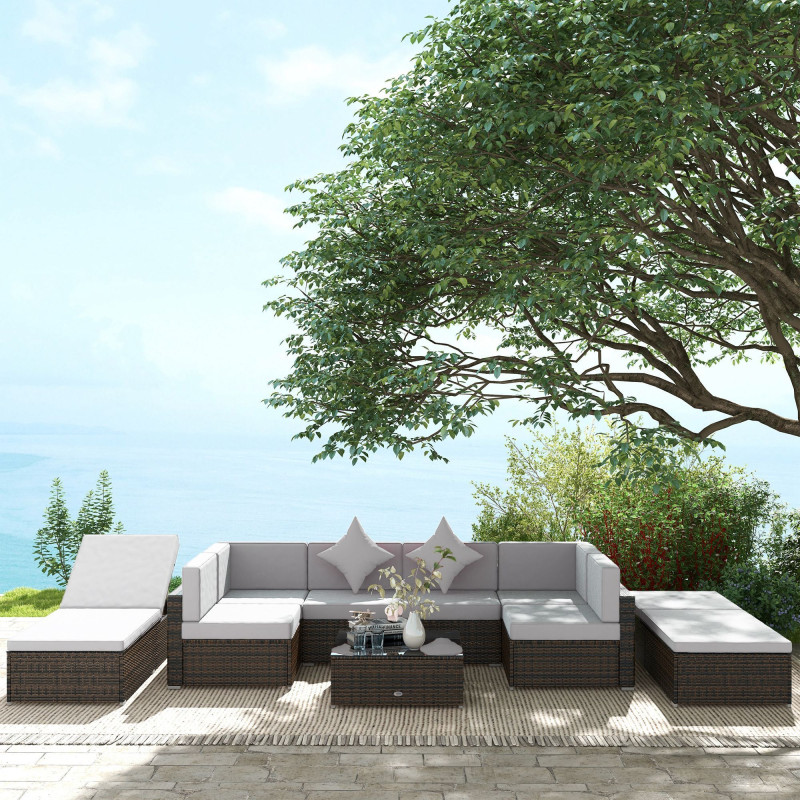 9 Pieces Wicker Patio Furniture Set with Cushion, Light Grey