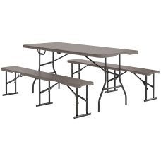 6FT 3PCS Faux Rattan Outdoor Camping Table Bench Set with Carrying Handles, Folding Picnic Table with 2 Benches, Brown