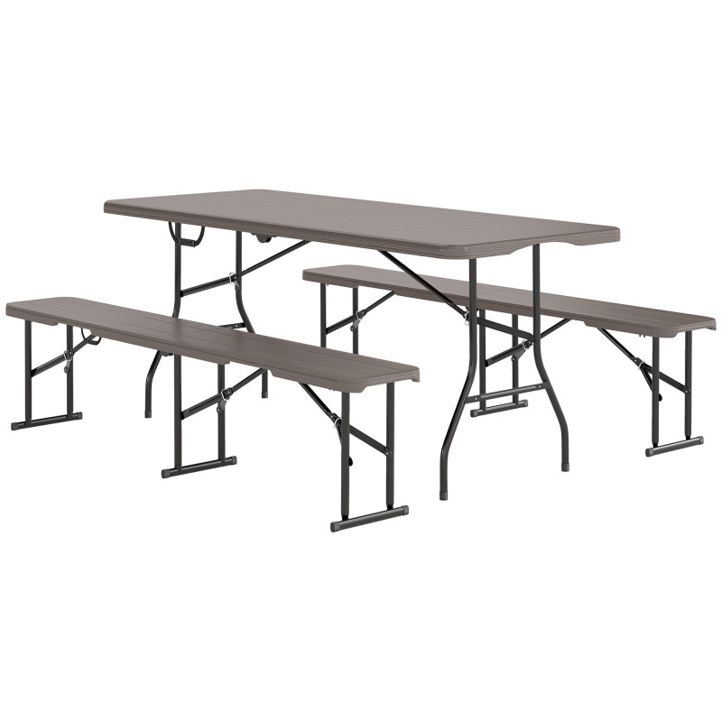 6FT 3PCS Faux Rattan Outdoor Camping Table Bench Set with Carrying Handles, Folding Picnic Table with 2 Benches, Brown