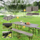 6FT 3PCS Faux Rattan Outdoor Camping Table Bench Set with Carrying Handles, Folding Picnic Table with 2 Benches, Brown