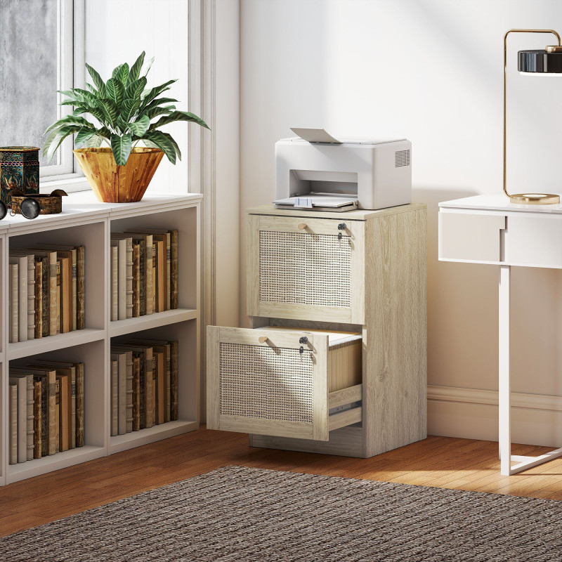 2 Drawer Filing Cabinet with Lock, Boho File Cabinet for A4 Letter Size Files with Decorative Rattan Accents, Oak