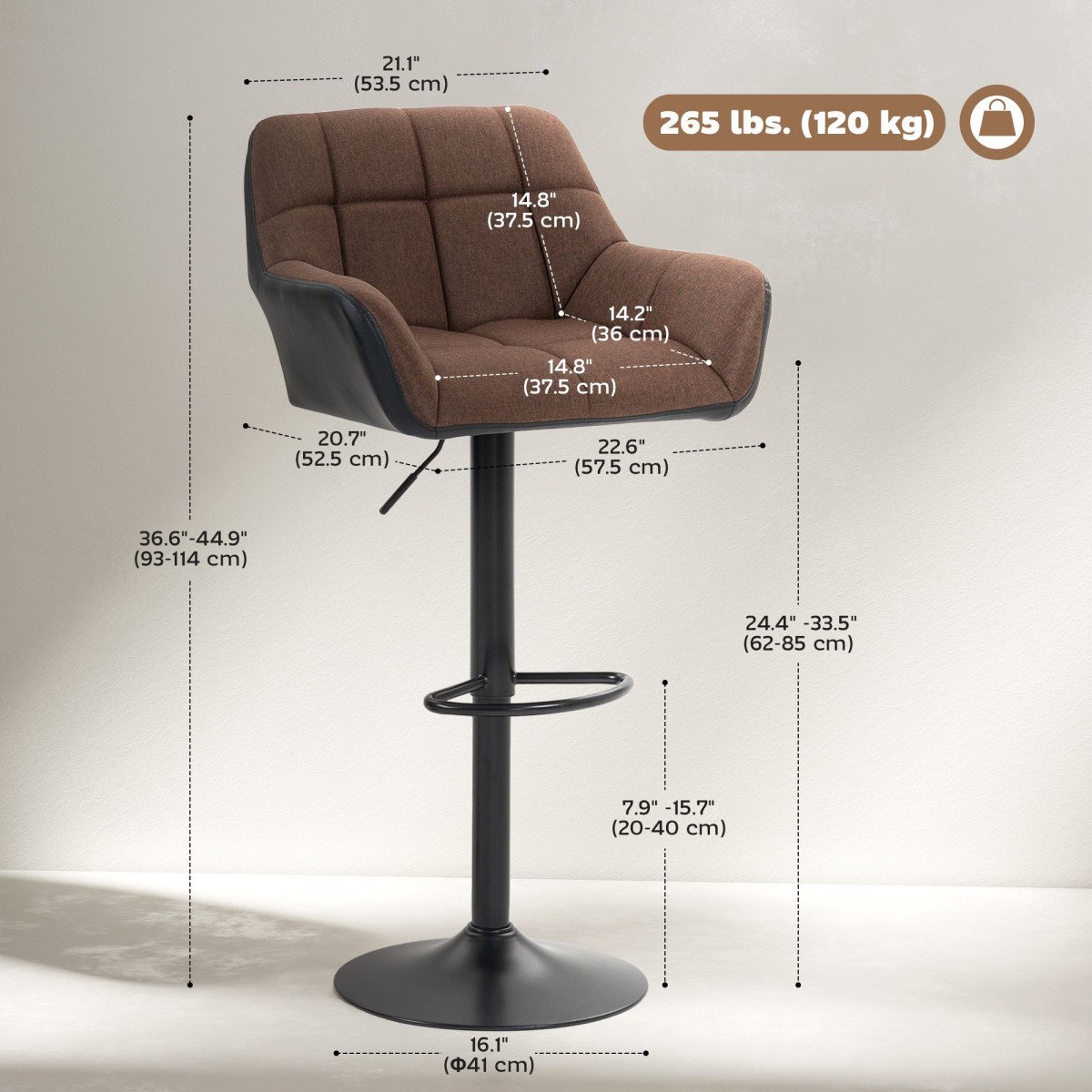 Swivel Barstools Set of 2 Adjustable Bar Stools with Footrest Armrests and PU Leather Back for Dining Room Brown
