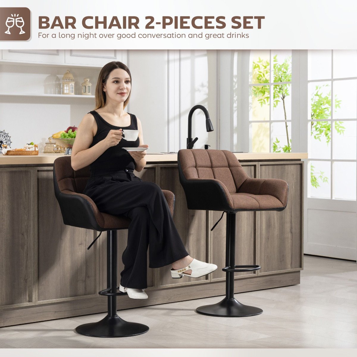 Swivel Barstools Set of 2 Adjustable Bar Stools with Footrest Armrests and PU Leather Back for Dining Room Brown