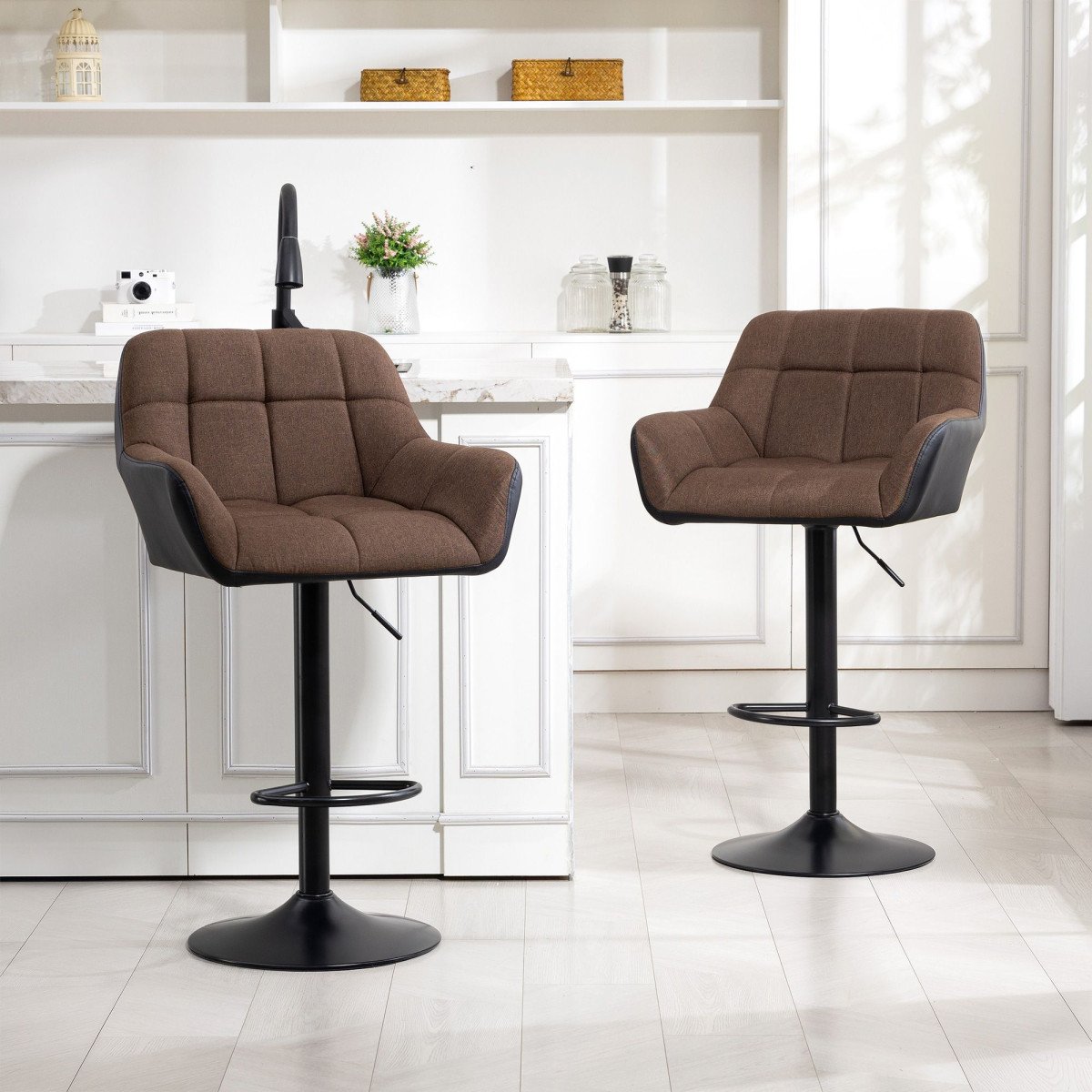 Swivel Barstools Set of 2 Adjustable Bar Stools with Footrest Armrests and PU Leather Back for Dining Room Brown