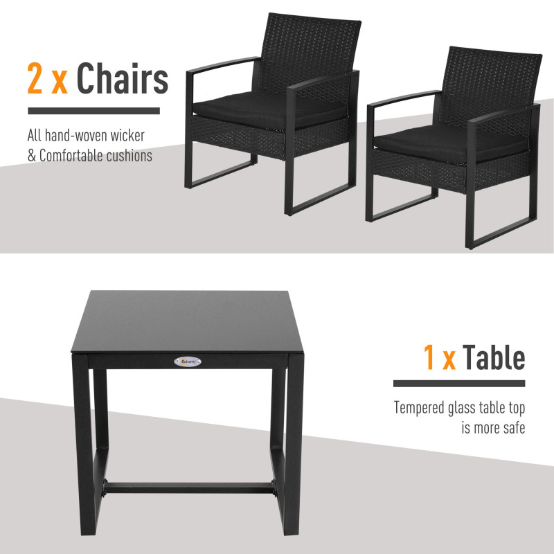 3 Pieces Wicker Patio Furniture Set, Rattan Bistro Set with Glass Top Coffee Table and Cushions, Outdoor Conversation Set for Garden, Porch, Balcony, Black