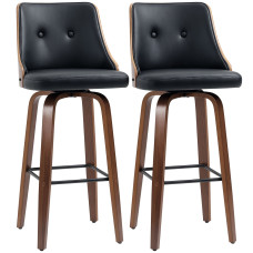 Bar Height Bar Stools Set of 2, PU Leather Upholstered Swivel Barstools with Solid Wood Legs Footrest and Tufted Back, Black