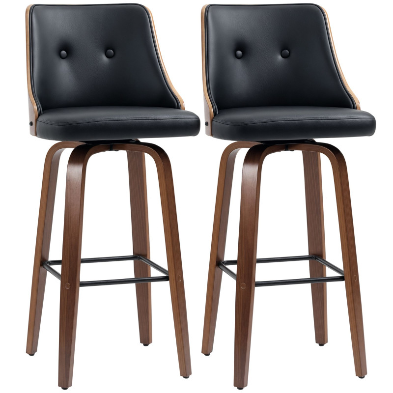 Bar Height Bar Stools Set of 2, PU Leather Upholstered Swivel Barstools with Solid Wood Legs Footrest and Tufted Back, Black