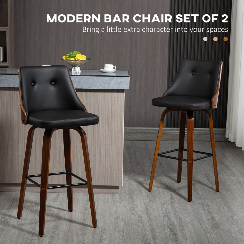 Bar Height Bar Stools Set of 2, PU Leather Upholstered Swivel Barstools with Solid Wood Legs Footrest and Tufted Back, Black