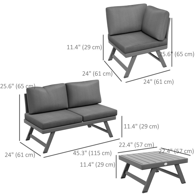 Outdoor Corner Garden Set, Convertible 4-Piece Furniture with 2 Sofas, 1 Corner Chair, and 1 Coffee Table, Grey