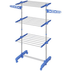 3-Tier Foldable Clothes Drying Rack, Stainless Steel Laundry Rack with 2 Side Wings and 6 Castors, Collapsible Adjustable Clothes Airer for Indoor Outdoor, Blue