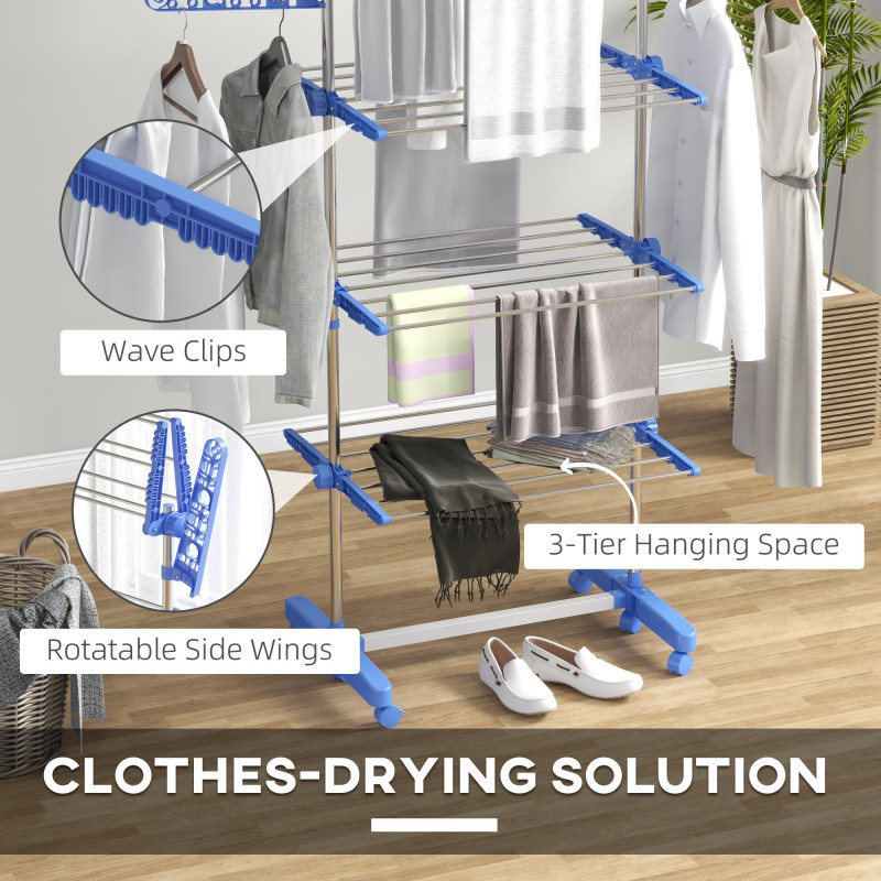 3-Tier Foldable Clothes Drying Rack, Stainless Steel Laundry Rack with 2 Side Wings and 6 Castors, Collapsible Adjustable Clothes Airer for Indoor Outdoor, Blue