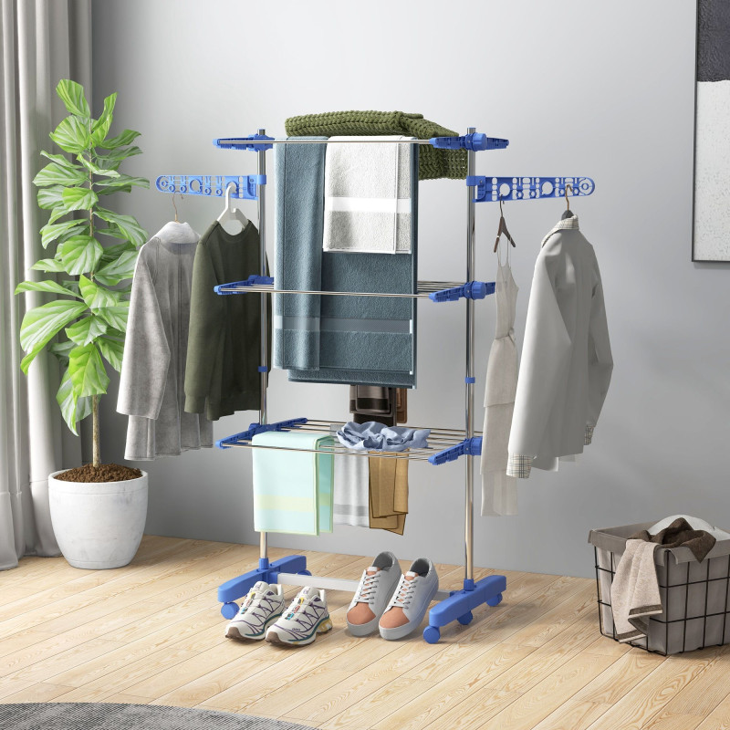 3-Tier Foldable Clothes Drying Rack, Stainless Steel Laundry Rack with 2 Side Wings and 6 Castors, Collapsible Adjustable Clothes Airer for Indoor Outdoor, Blue