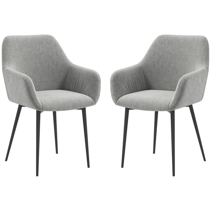 Dining Chairs Set of 2, Velvet-look Fabric Upholstered Kitchen Chairs with Backrest, Armrests and Steel Legs, Dark Grey
