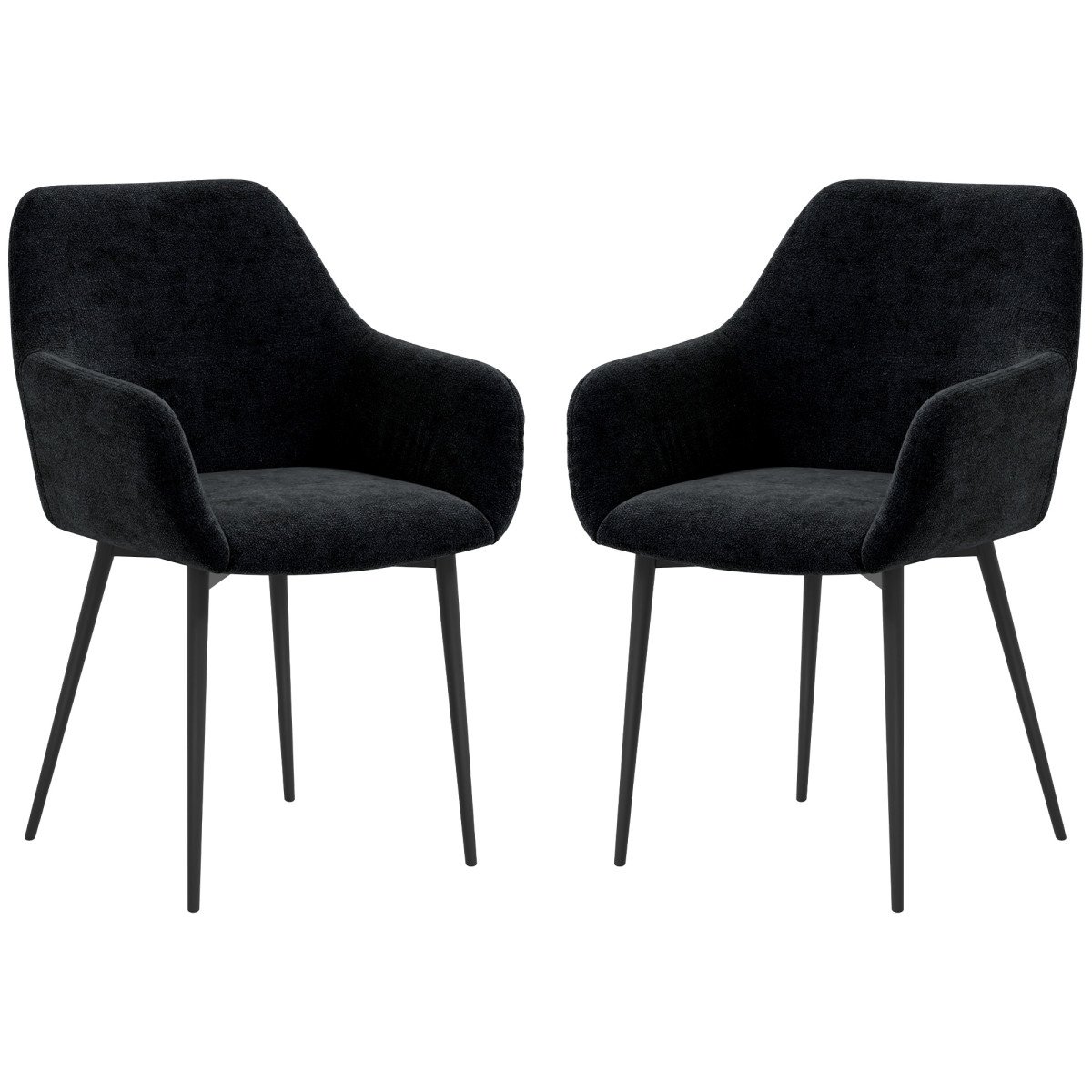 Dining Chairs Set of 2, Velvet-look Fabric Upholstered Kitchen Chairs with Backrest, Armrests and Steel Legs, Black